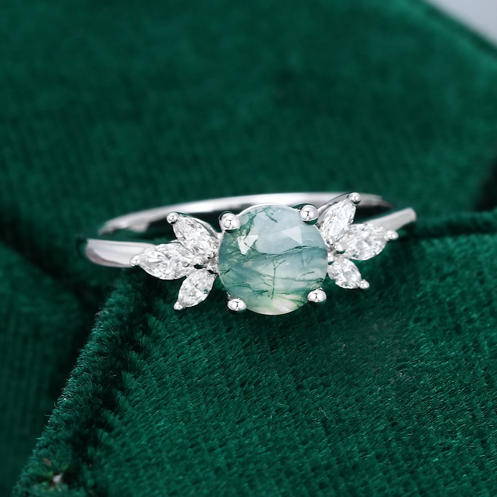 Round Cut Moss Agate Engagement Ring with Marquise Moissanite Cluster