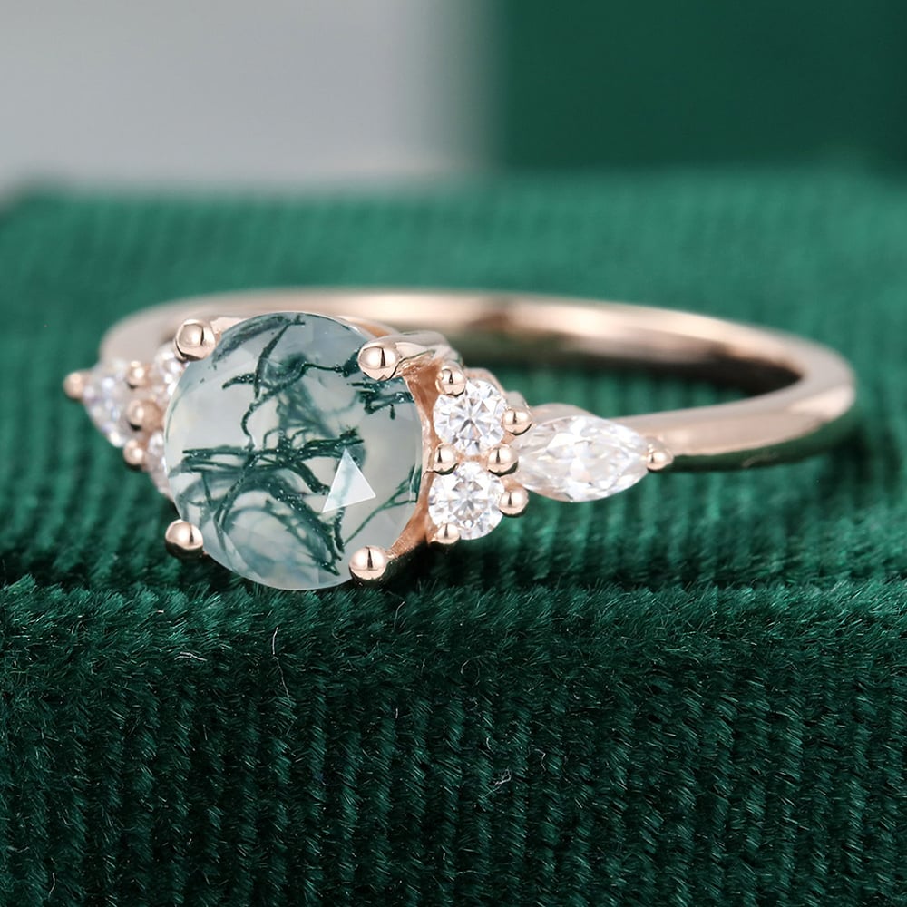 Round Cut Moss Agate Engagement Ring Moissanite Accent Promise Ring