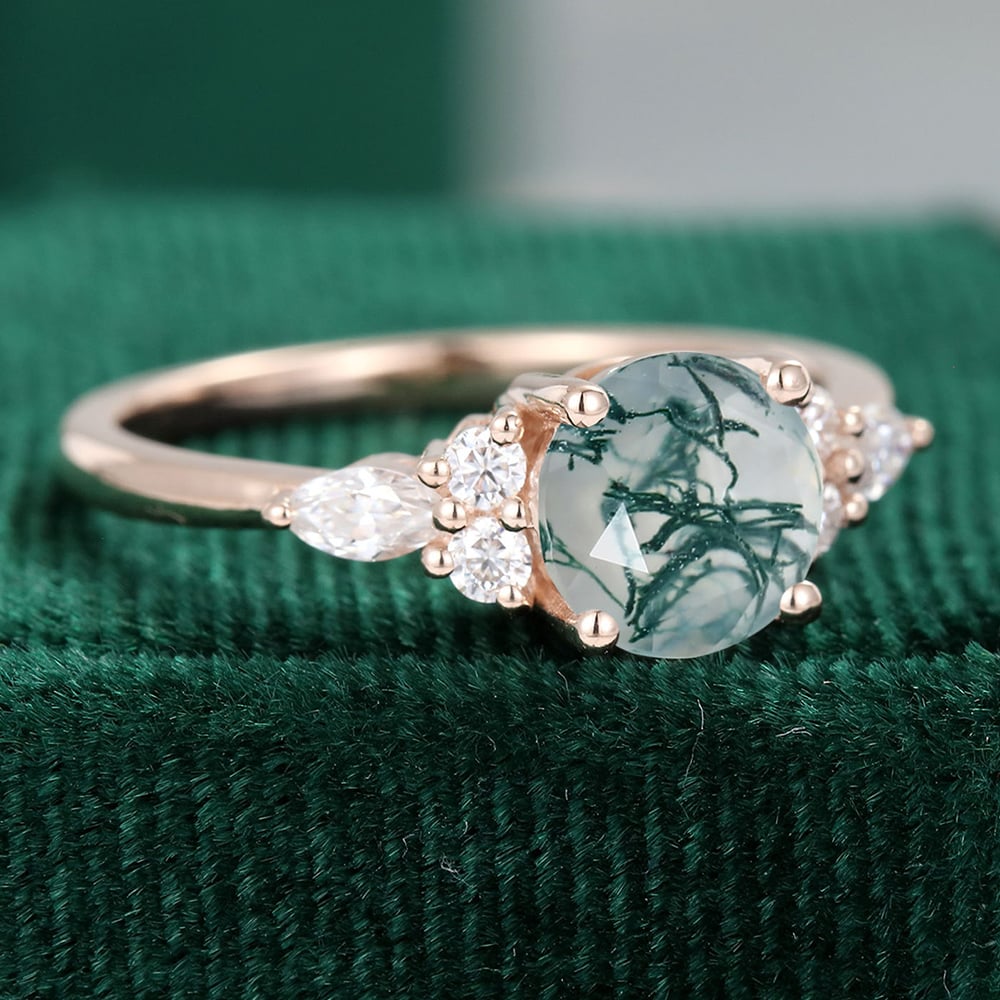 Round Cut Moss Agate Engagement Ring Moissanite Accent Promise Ring