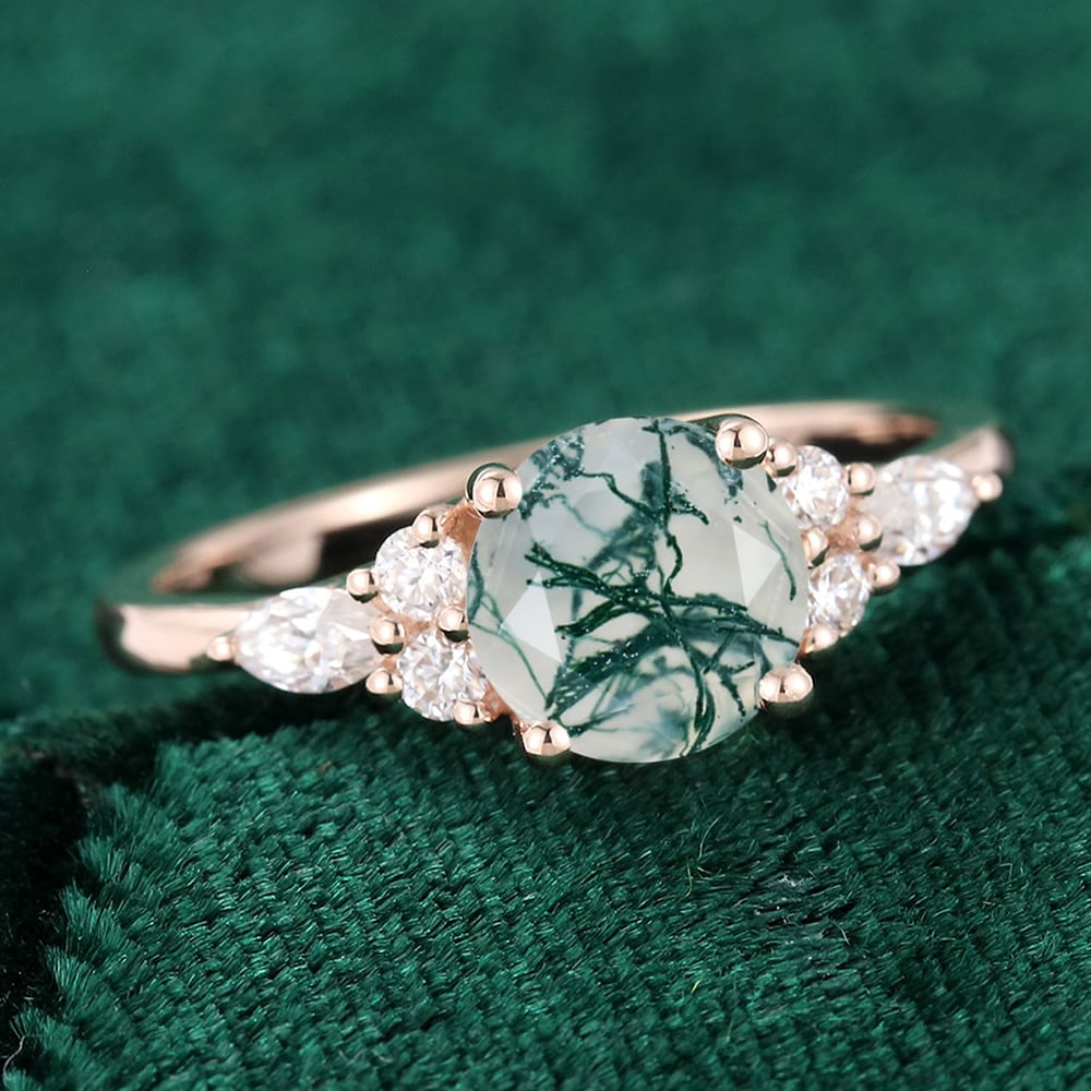 Round Cut Moss Agate Engagement Ring Moissanite Accent Promise Ring