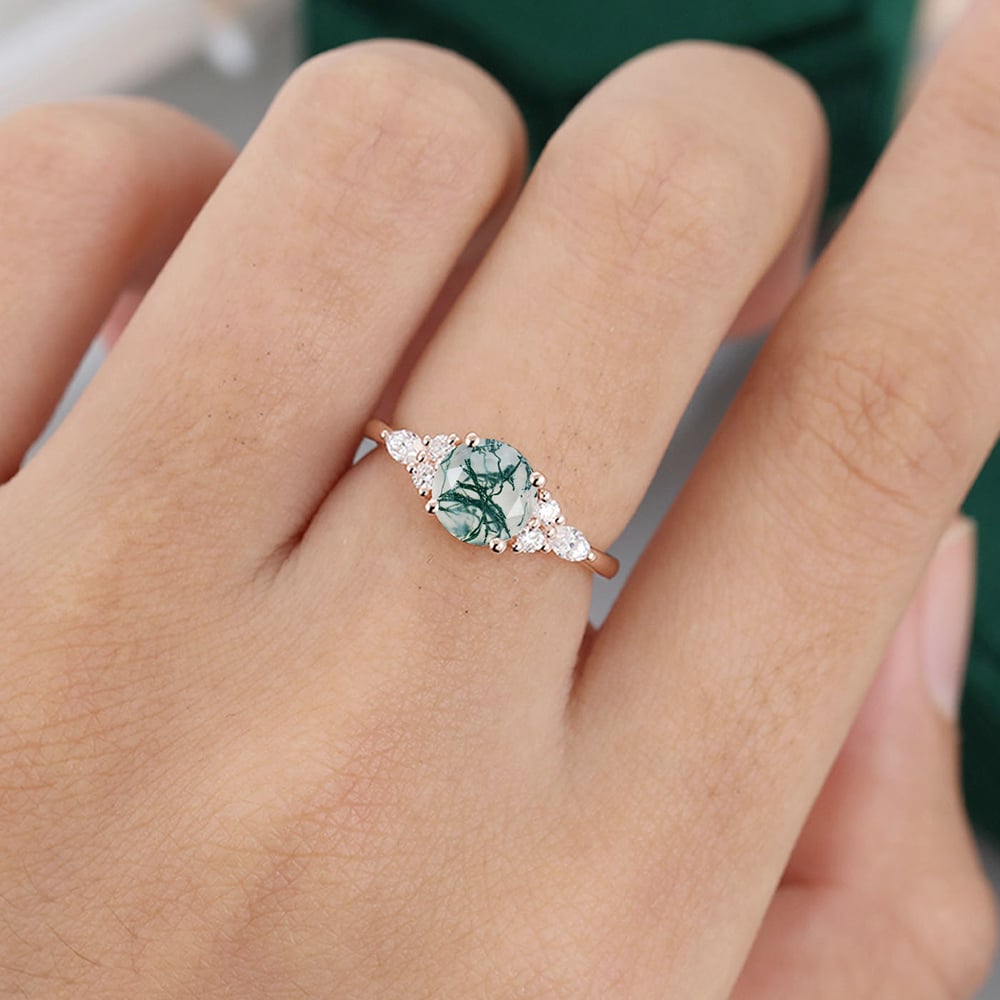 Round Cut Moss Agate Engagement Ring Moissanite Accent Promise Ring
