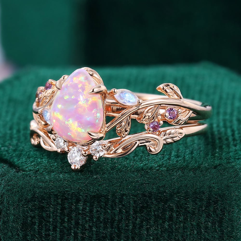 Pear Shaped Lab Pink Opal Engagement Ring Set Nature Inspired Leaf Ring Set