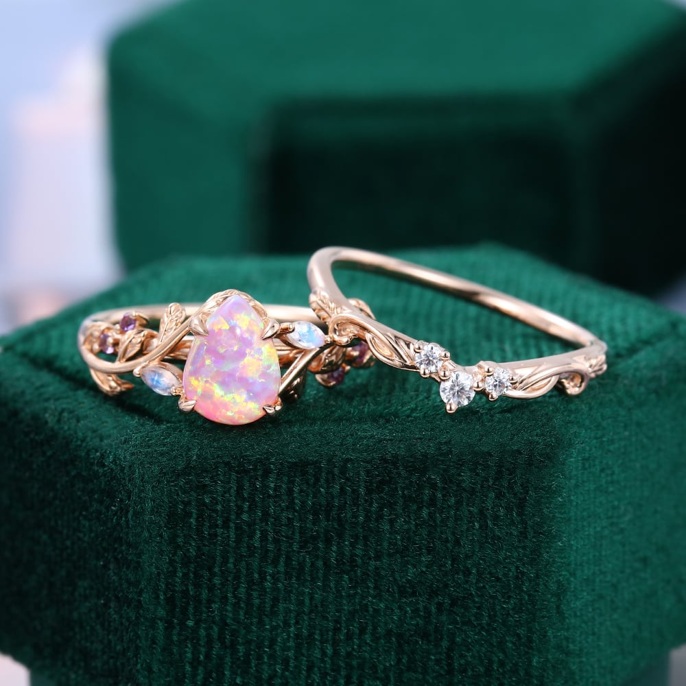 Pear Shaped Lab Pink Opal Engagement Ring Set Nature Inspired Leaf Ring Set