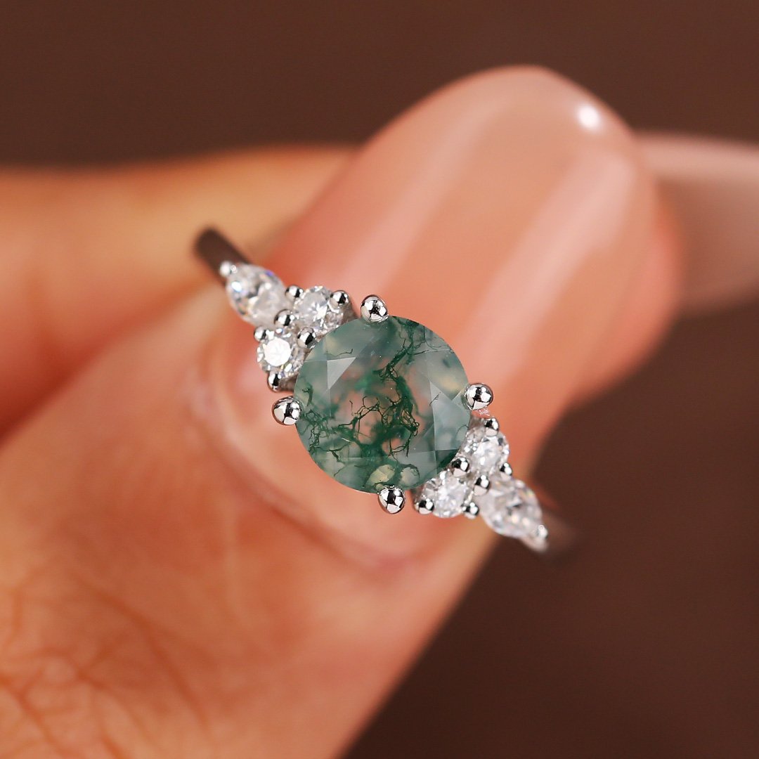 Round Cut Moss Agate Engagement Ring Moissanite Accent Promise Ring