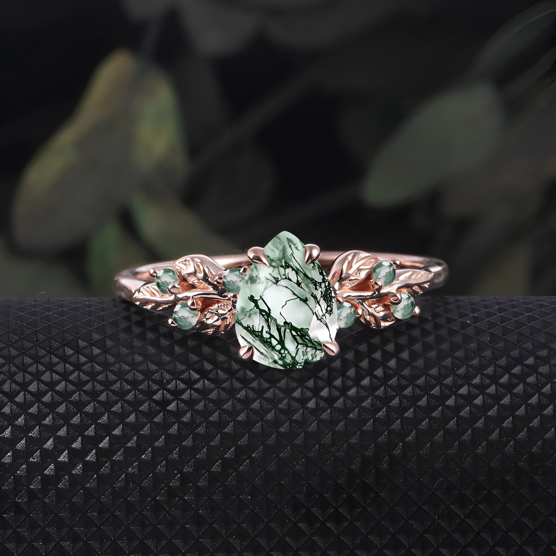 Pear shaped Moss Agate Engagement  Promise Ring Leaf Nature Inspired Bridal Set