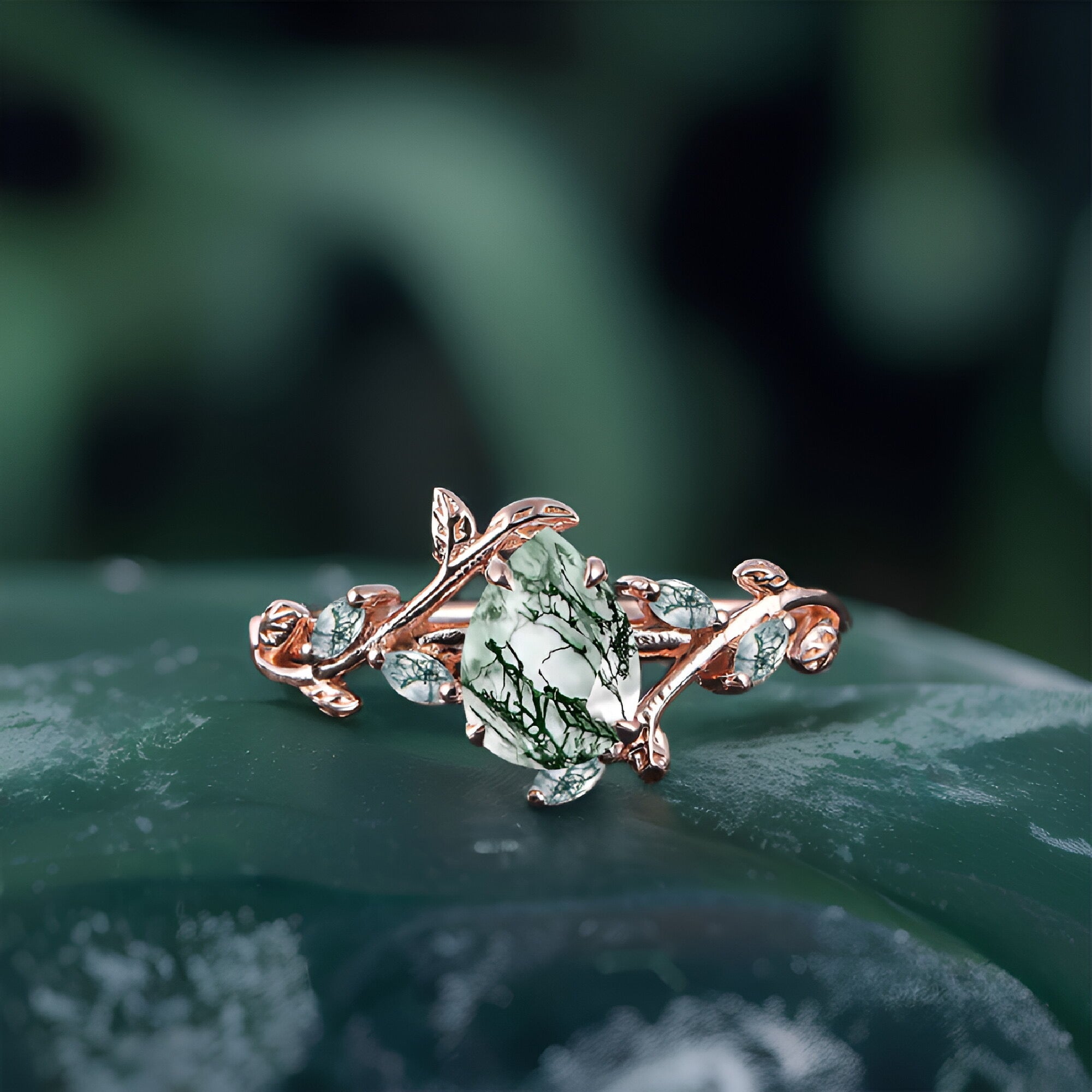 Pear shaped Moss Agate Engagement  Promise Ring Leaf Nature Inspired Bridal Set