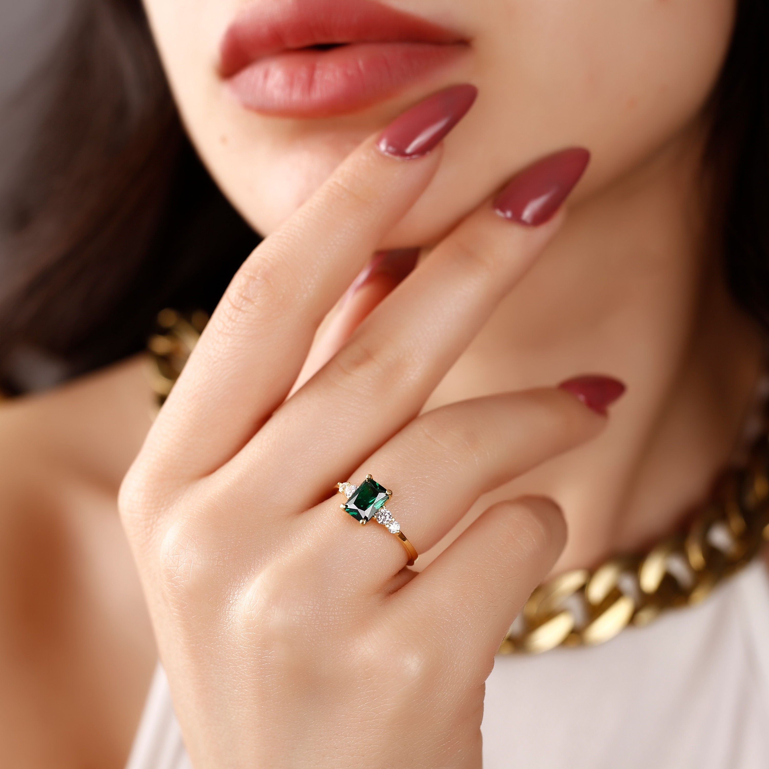 Octagon Cut Emerald Engagement Ring