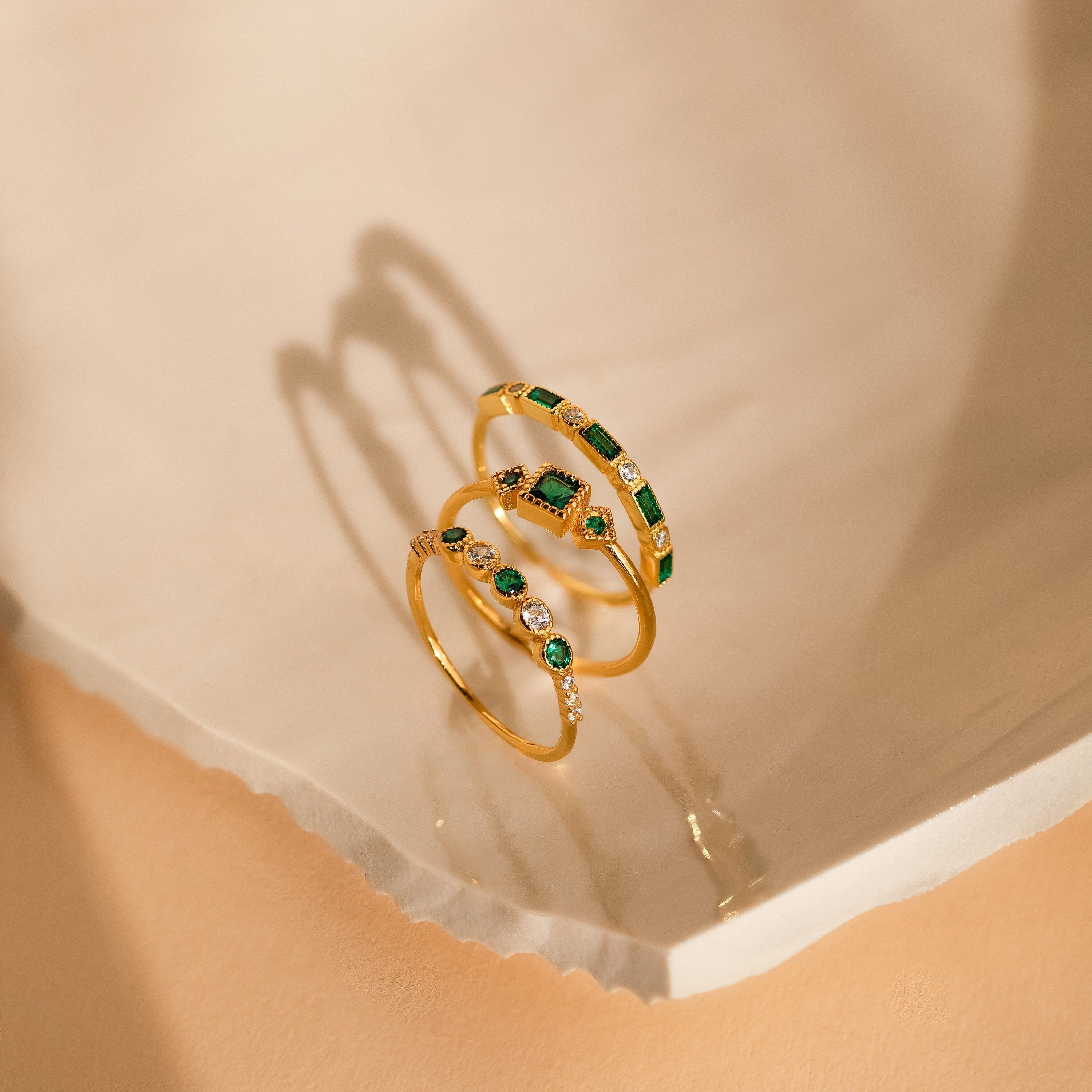 Exquisite Minimalist Emerald Ring Set