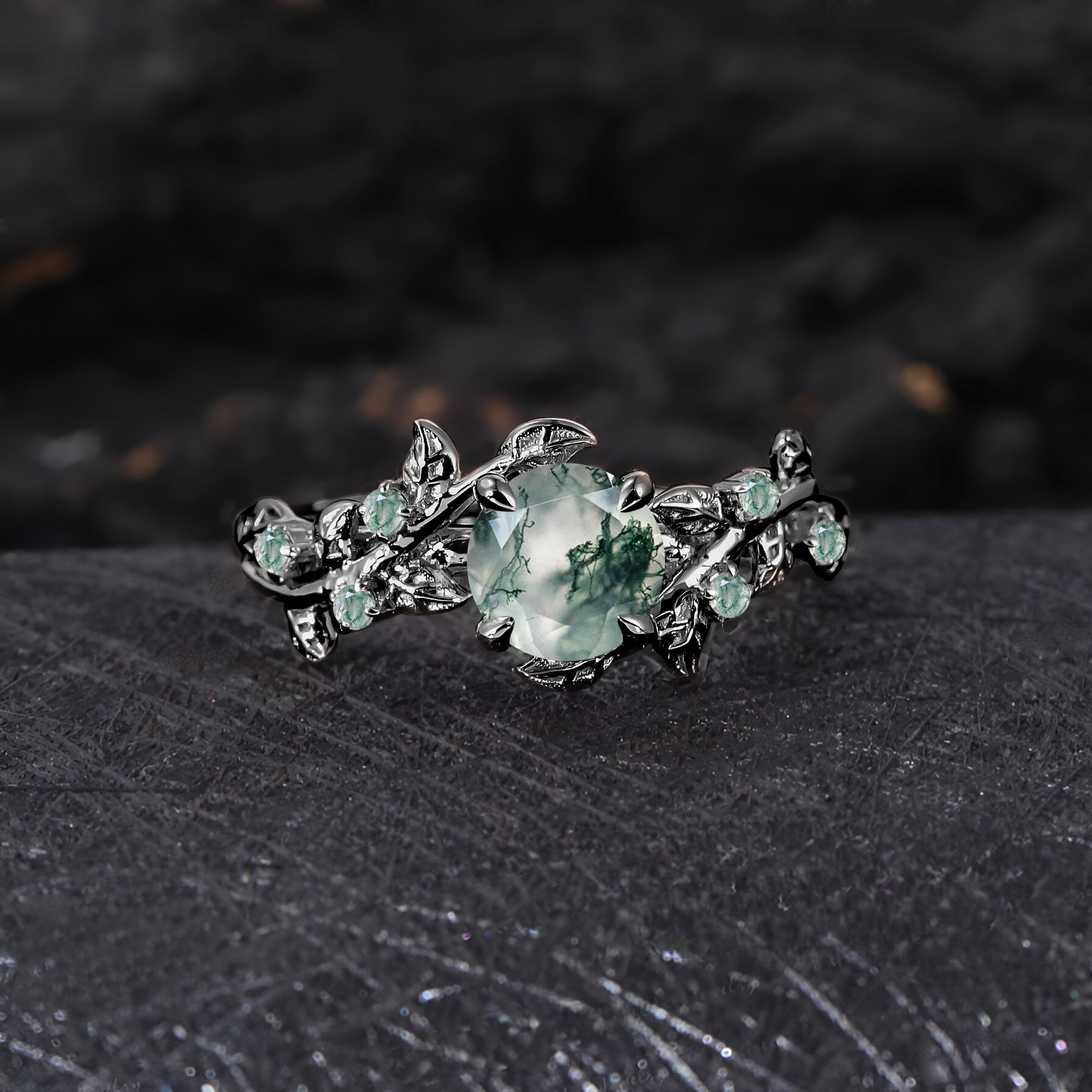 Vintage Moss Agate Engagement Ring Art Deco Leaf Promise Ring